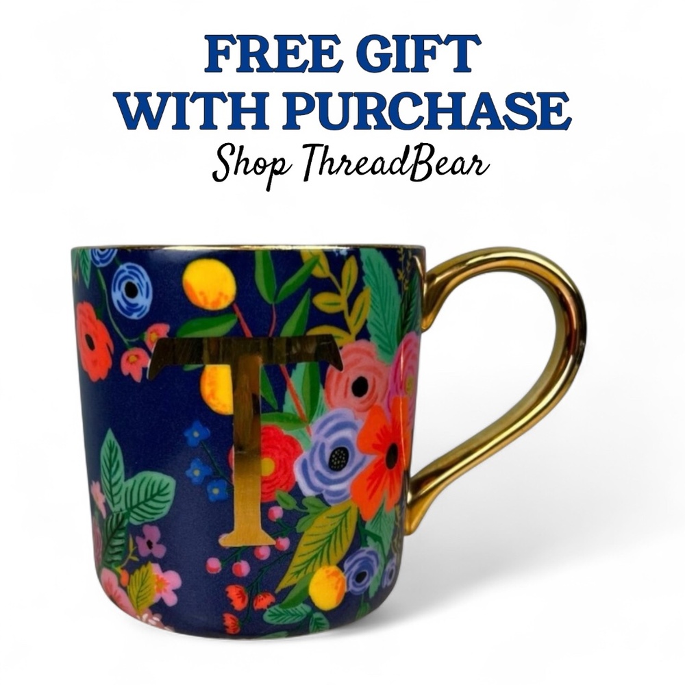 T [Rifle Paper Co] Blue Garden Party Monogram Floral Coffee Mug {Anthro} Tea Cup